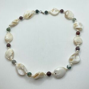 𝅺vtg Sterling Silver Clasp Pearlescent Shell Agate & Pearl Necklace 19”